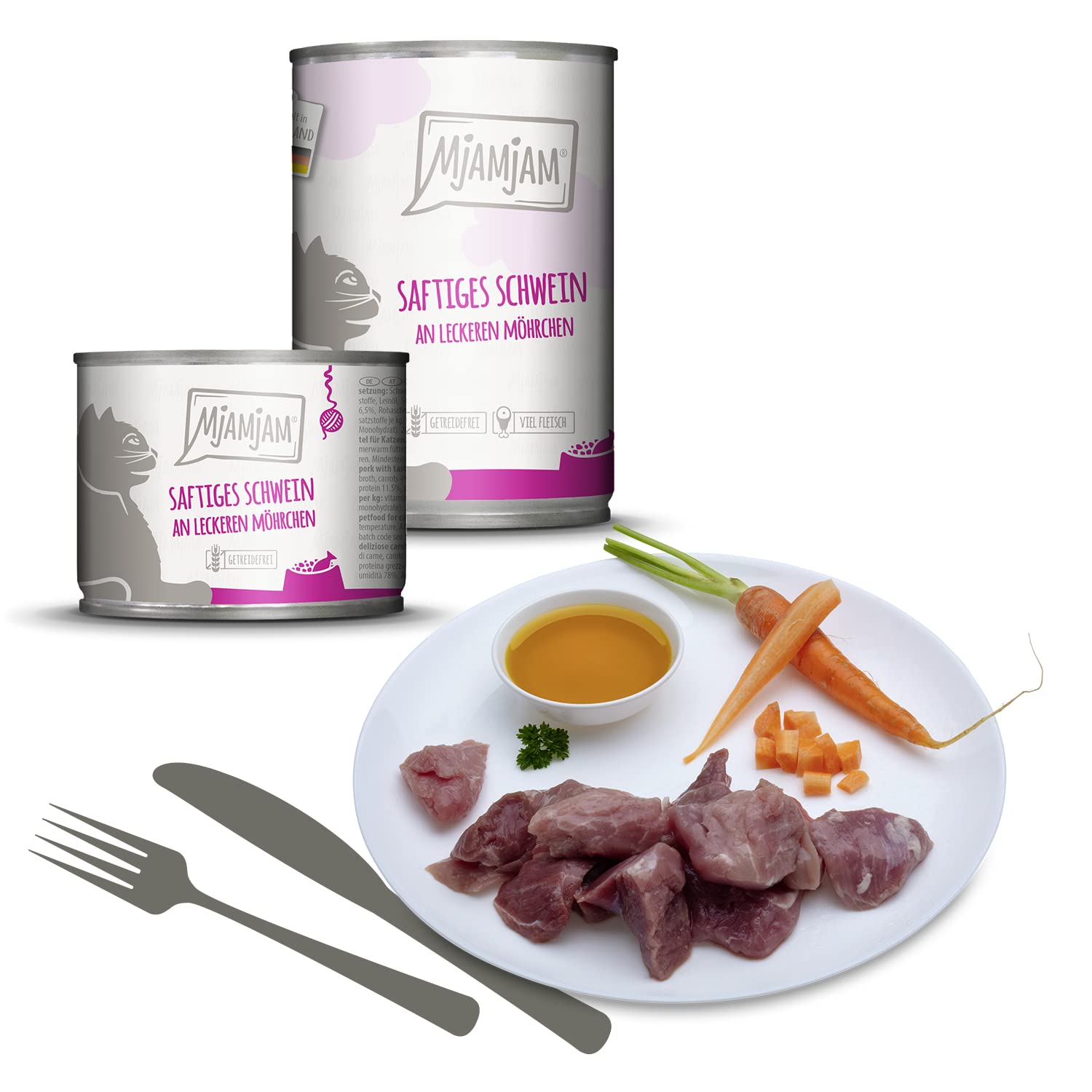 MjAMjAM - Mokra karma Premium dla kotów - soczysta wieprzowina z pysznymi marchewkami, 6-pak (6 x 200g), bezzbożowa z dodatkowym mięsem