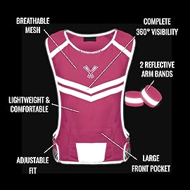 247 Viz Running Reflective Vest with Inside Pocket and 2 Bands, High Visibility Reflective Running Gear Safety Vest Straps for Men Women Kids for Night Running Walking Cycling Pink