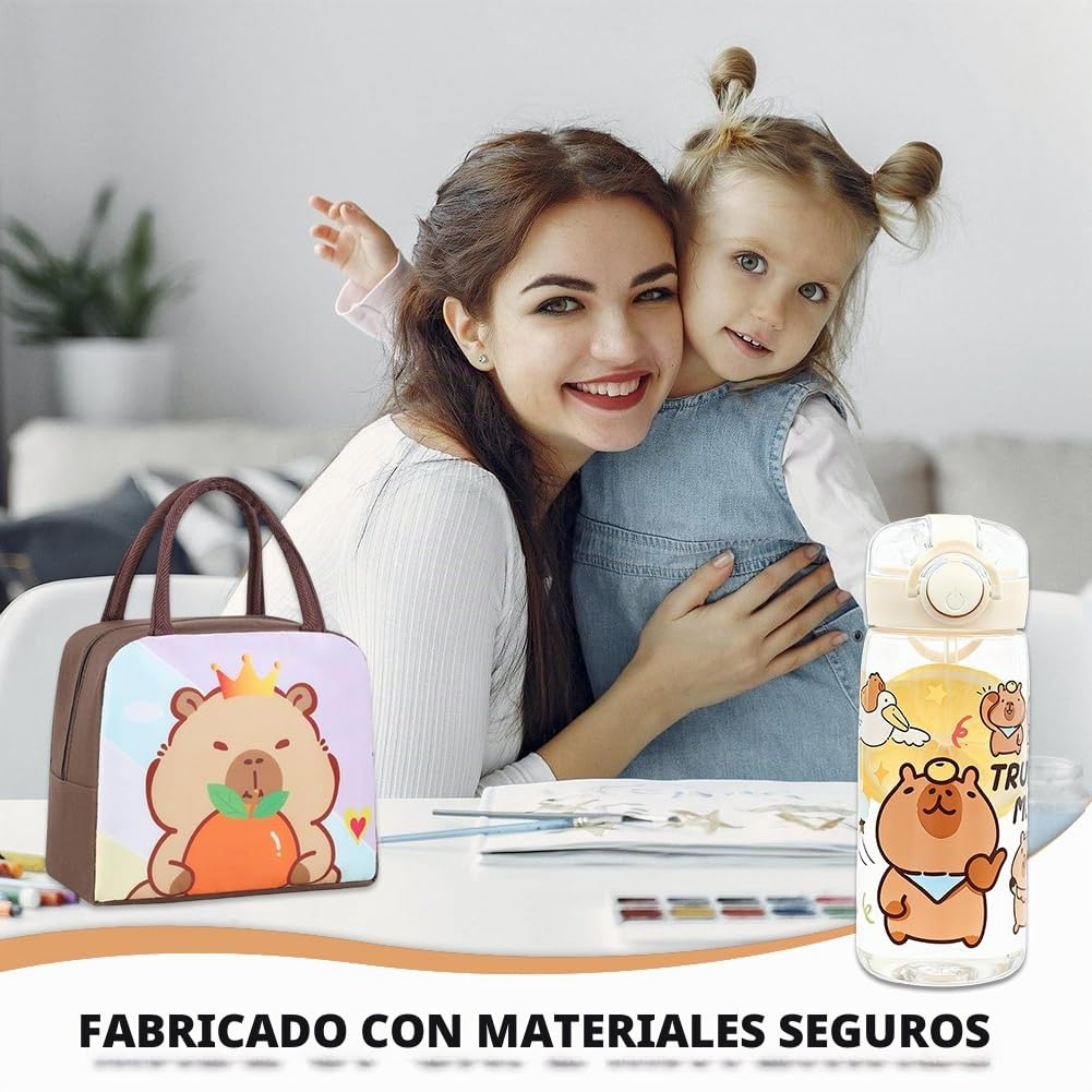 Capybara Backpack Kids, Capybara Bolsa De Almuerzo Para Niños y Fiambrera Para Niños Con Botella, Mochila Capybara Escolar Schoolbag Capibara Plush & Llaveros Portalápices Regalo para Niños