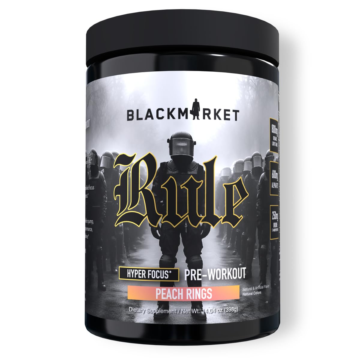BLACKMARKET Rule – High-Stimulant Nootropic Pre-Workout | 485mg Caffeine, Alpha GPC, Lion’s Mane, Uridine | Intense Focus, Energy & Drive | Peach Rings | 40/20 Servings Peach 14 Ounce (Pack of 1)