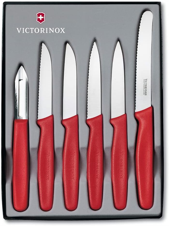 Victorinox, 5.1111.6 Standard Vegetable Knife Set, 6 Pieces, Extra Sharp Blade, Robust Plastic Handle, Red, Made in Switzerland, Dishwasher Safe