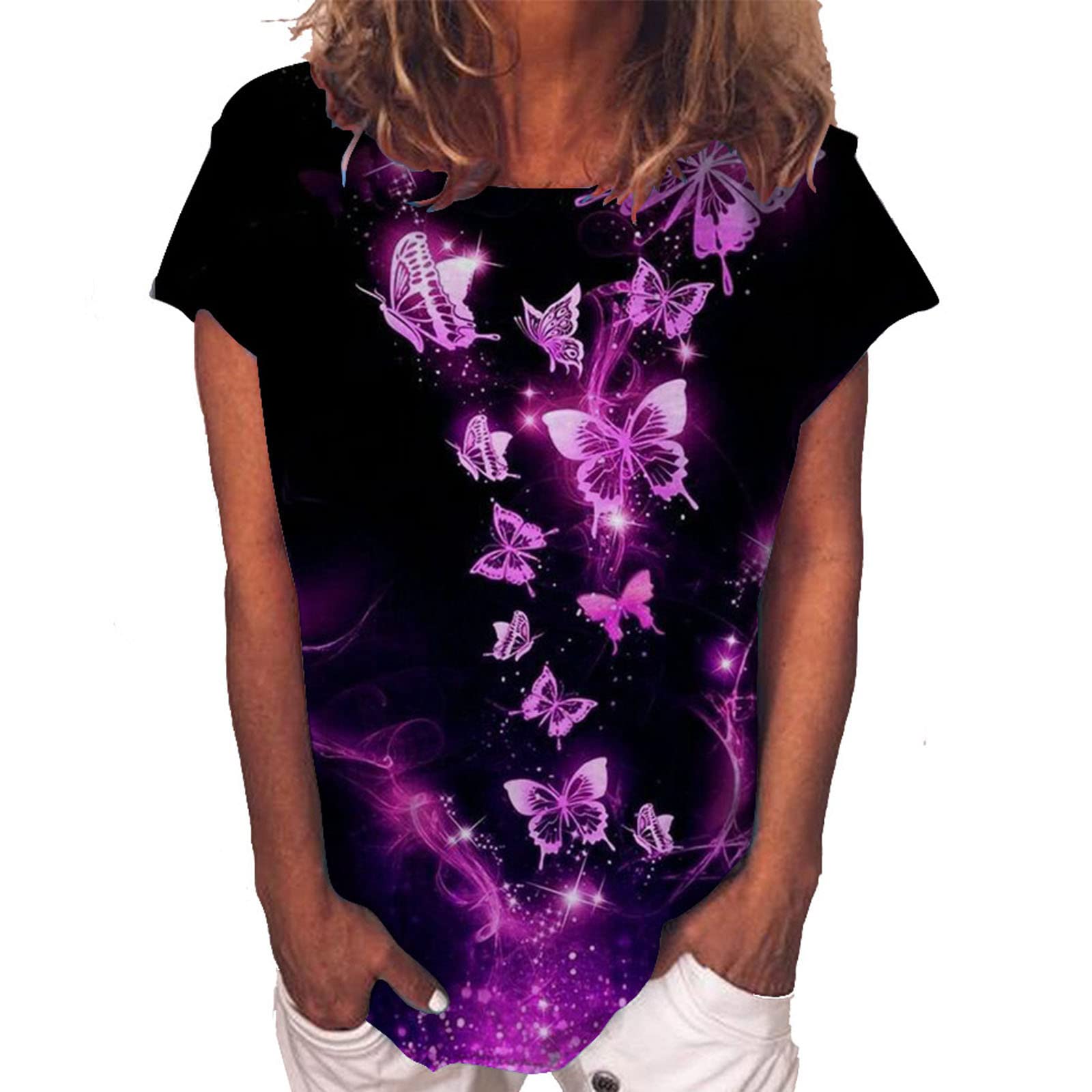 KuluzegoShort Sleeve T Shirt for Women Fall Summer Boat Neck Gradient Butterfly Flower Loose Fit Long Tops Shirt Women 2023 YV