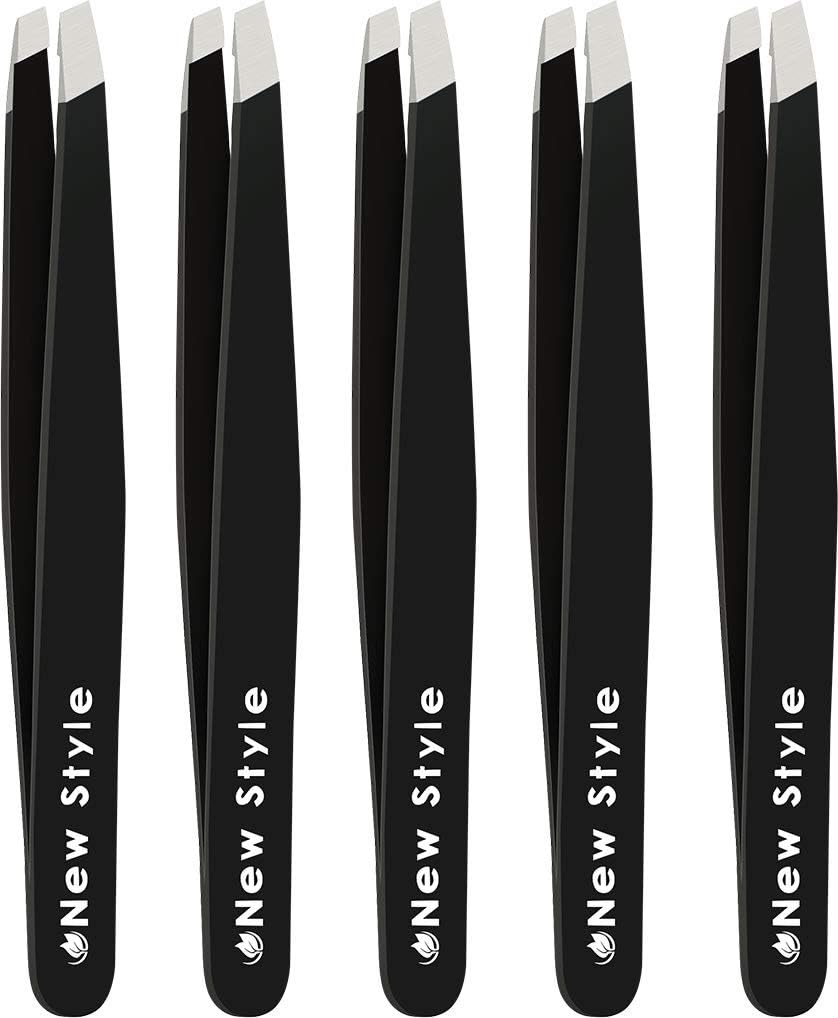 Slant Tweezers (5-Pack) – Professional Slant-Tip Tweezers in Separate Sleeves for Eyebrows and Facial Hair – Stainless Steel Brow Shaping Hair Plucker for Expert Precision Personal Care[Amazon-developed Certification] Compact by Design