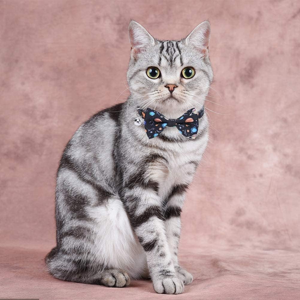 EXPAWLORER Cat Bow Tie Collar with Bell - 2 Pack Planet Design Breakaway Safe Buckle Kitty Collars, Cute Adjustable Kitten Collars with Removable Bow Tie, for Kitty Puppy Boy Girl