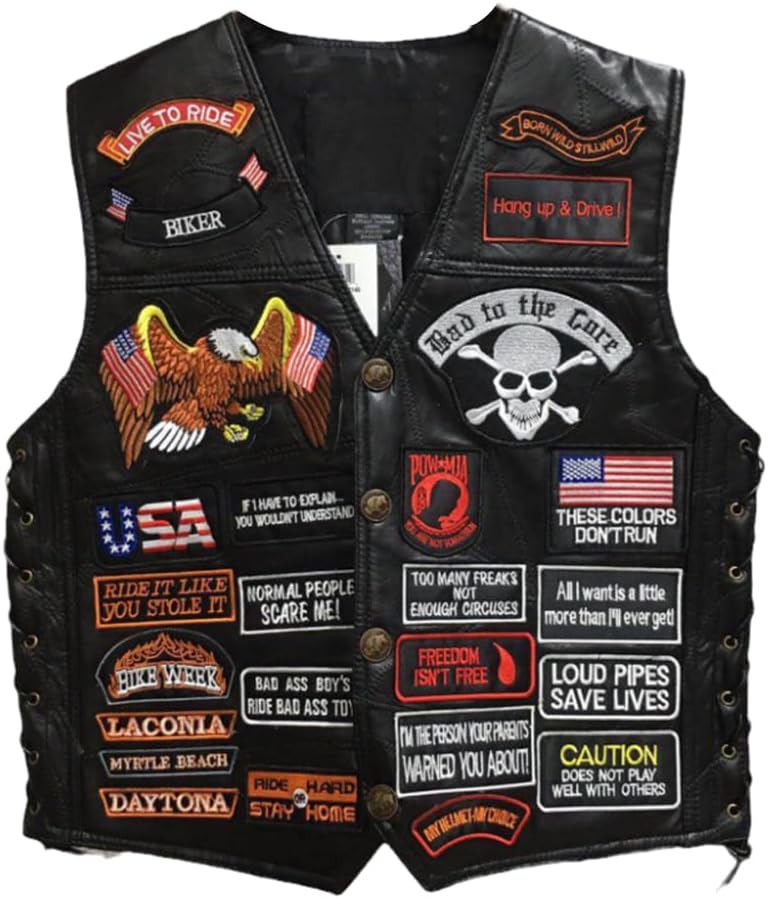 Men Leather Motorcycle Jacket Vest Plastered Embroidery Cool Patches Biker Vest Men Leather Motorcycle Jacket Vest Plastered Embroidery Cool Patches Biker Vest