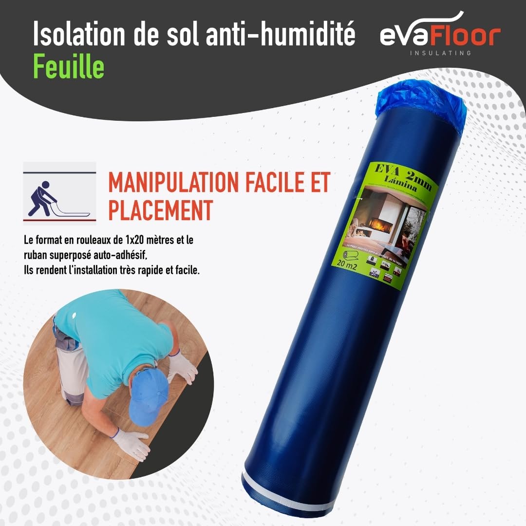 Pack 2 Sous Couche Parquet 1x20 Mètres | Sous-couche Isolante | Fabriqué avec Base EVA 2mm + Film Antihumidité | Inclut Adhésif