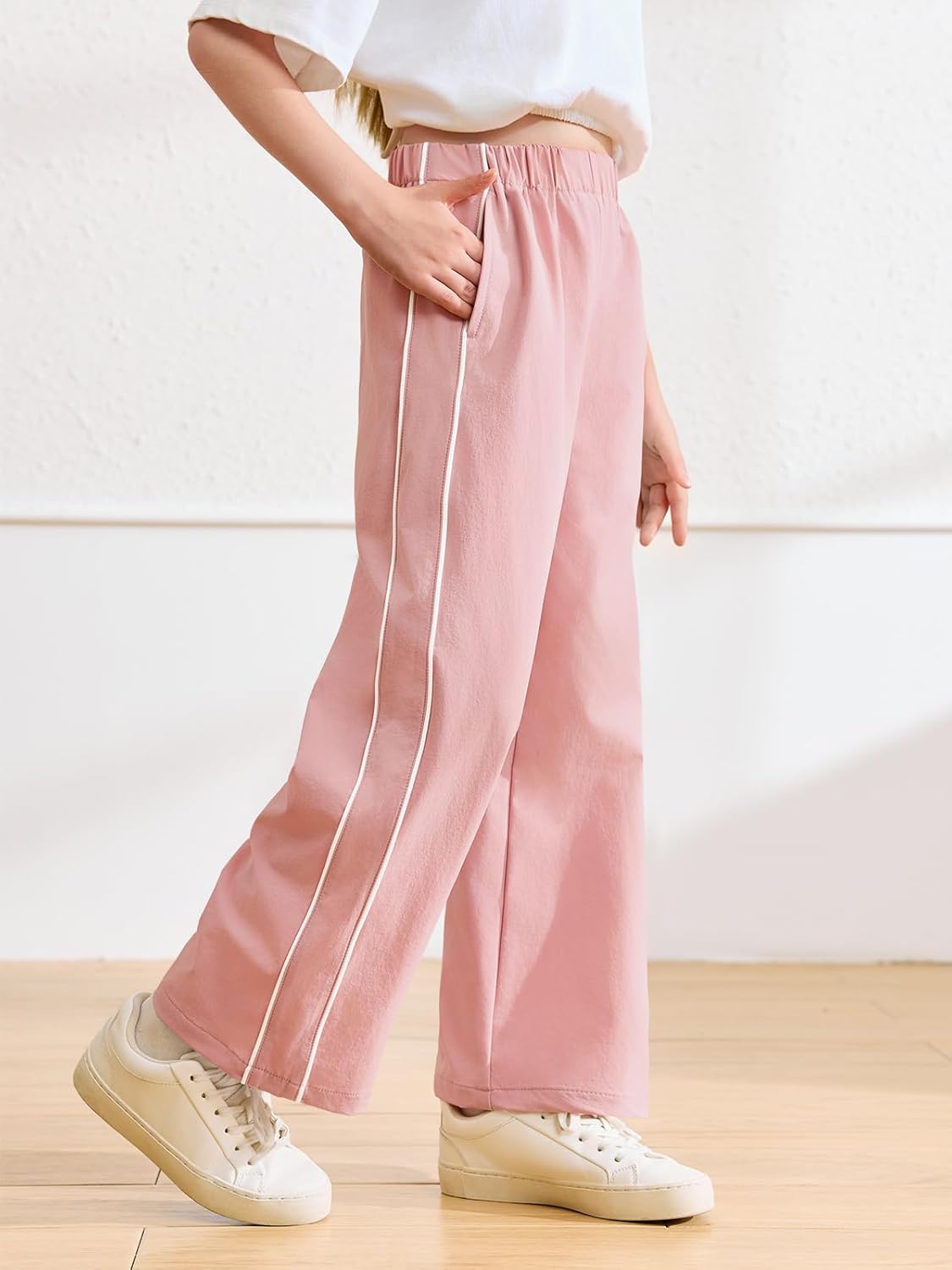 Haloumoning Girls Wide Leg Track Pants Kids Baggy Striped Parachute Pants Athletic Joggers with Pockets 5-14Y - Image 3