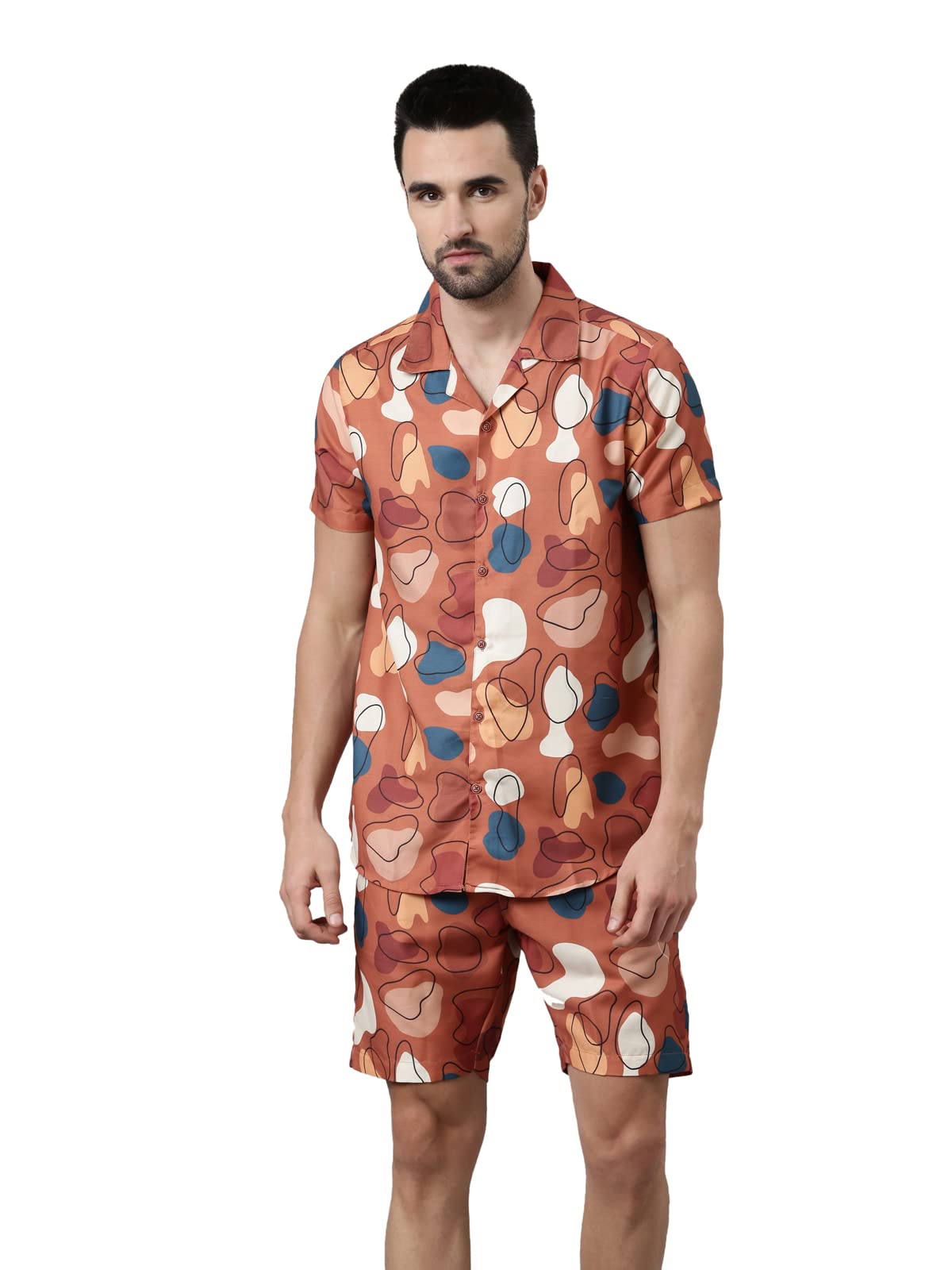 bushirt Men's Caramel Rayon All-Over Printed Pajama Set, Short Sleeves Button Front Night Suit, Relaxed Fit Co-Ords with Chinese Collar & Elastic Waist Pajamas, Stylish & Comfortable Sleepwear - XL-picture-20