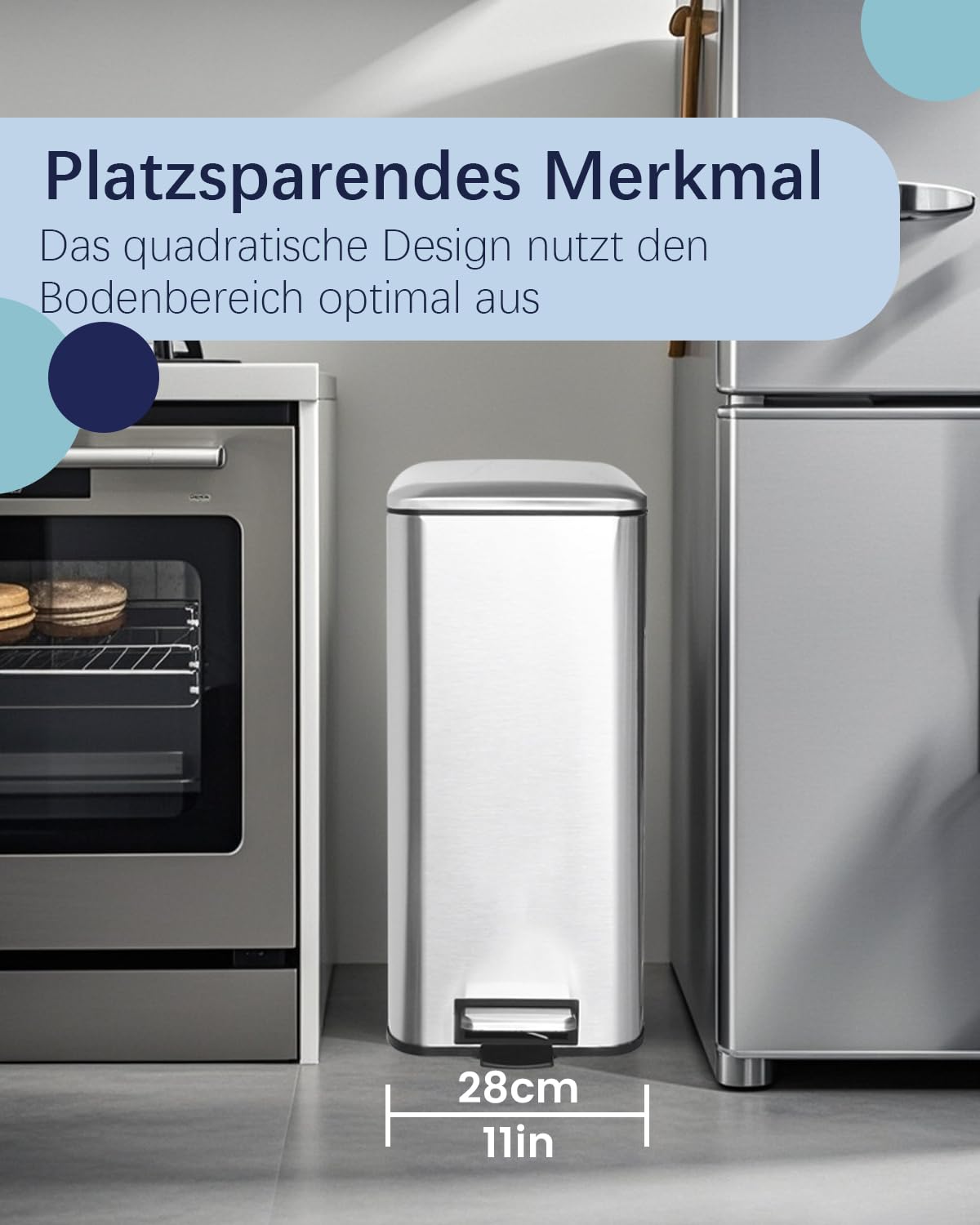 Mülleimer Küche, Schmaler Abfalleimer mit Deckel, Tretmülleimer | 30 Liter, Edelstahl Küchenmülleime mit Inneneimer, Küchenmülleimer mit Softclose-Deckel, Treteimer für Küche,Bad und Büro