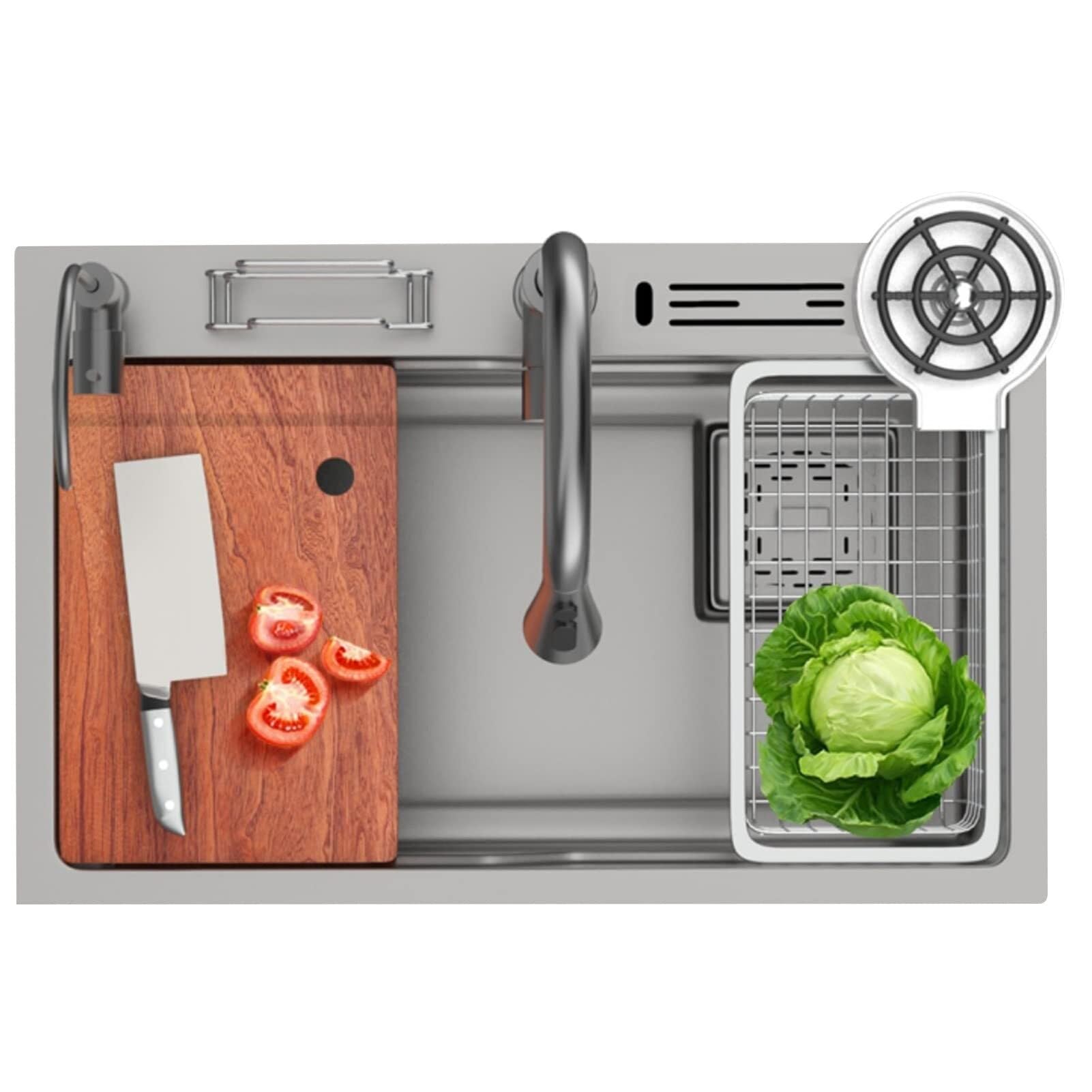 SDdPulse Premium Single Bowl Kitchen Sink with Waterfall Tap - Durable Stainless Steel Built-in Sink for Home and Office, Silver, 75 x 46 cm