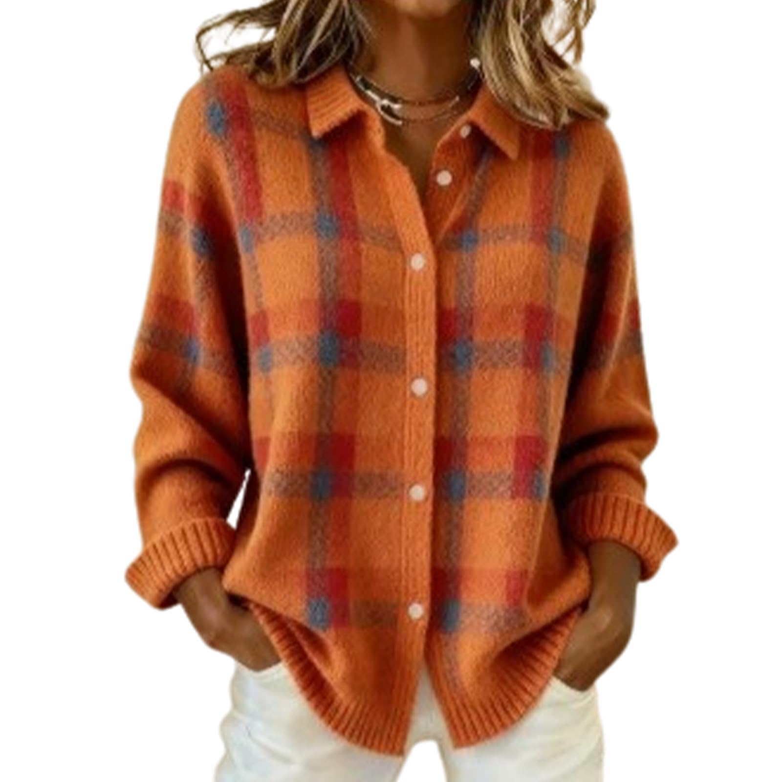 Womens Plaid Button Down Jacket - Long Sleeve Lightweight Cardigan Casual Printed Top with Collar