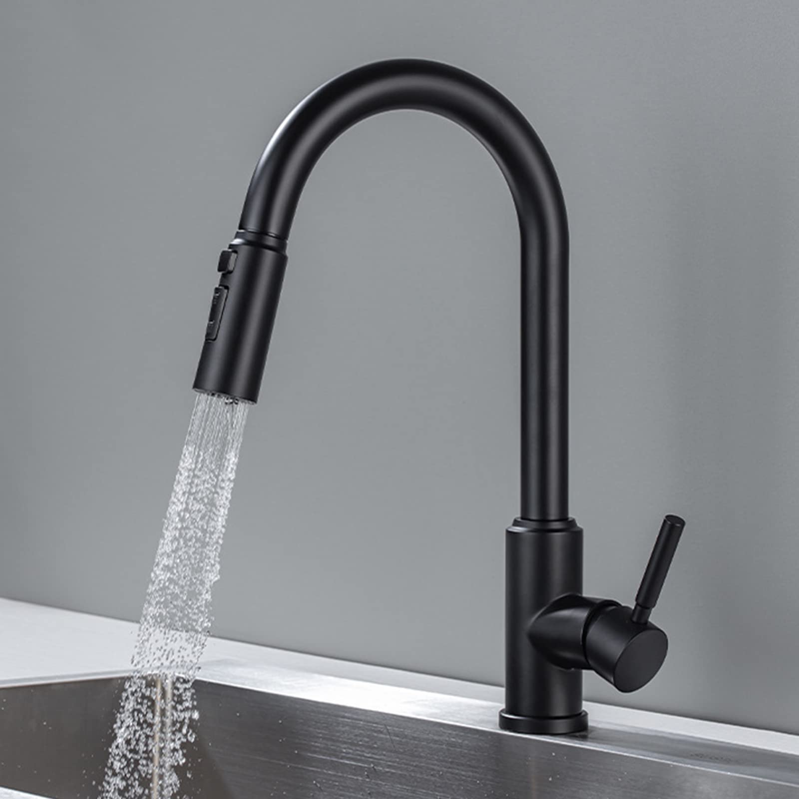 Mitigeur de cuisine extractible avec douchette et levier unique en inox noir