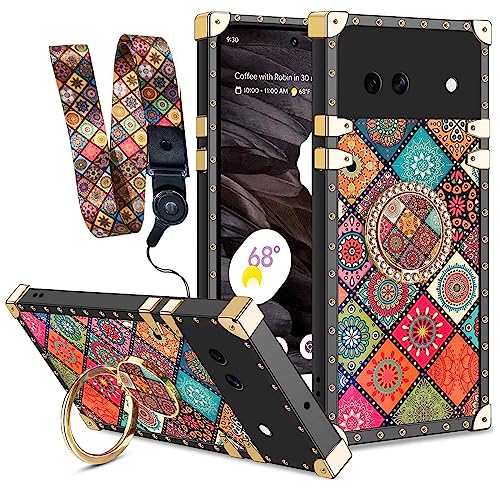 nancheng Case for Google Pixel 7A, Boho Mandala Ethnic Pattern Luxury Gold Electroplated Phone Cover with 360° Rotatable Ring Kickstand Wrist Lanyard Shockproof Protective Case for Women Girls