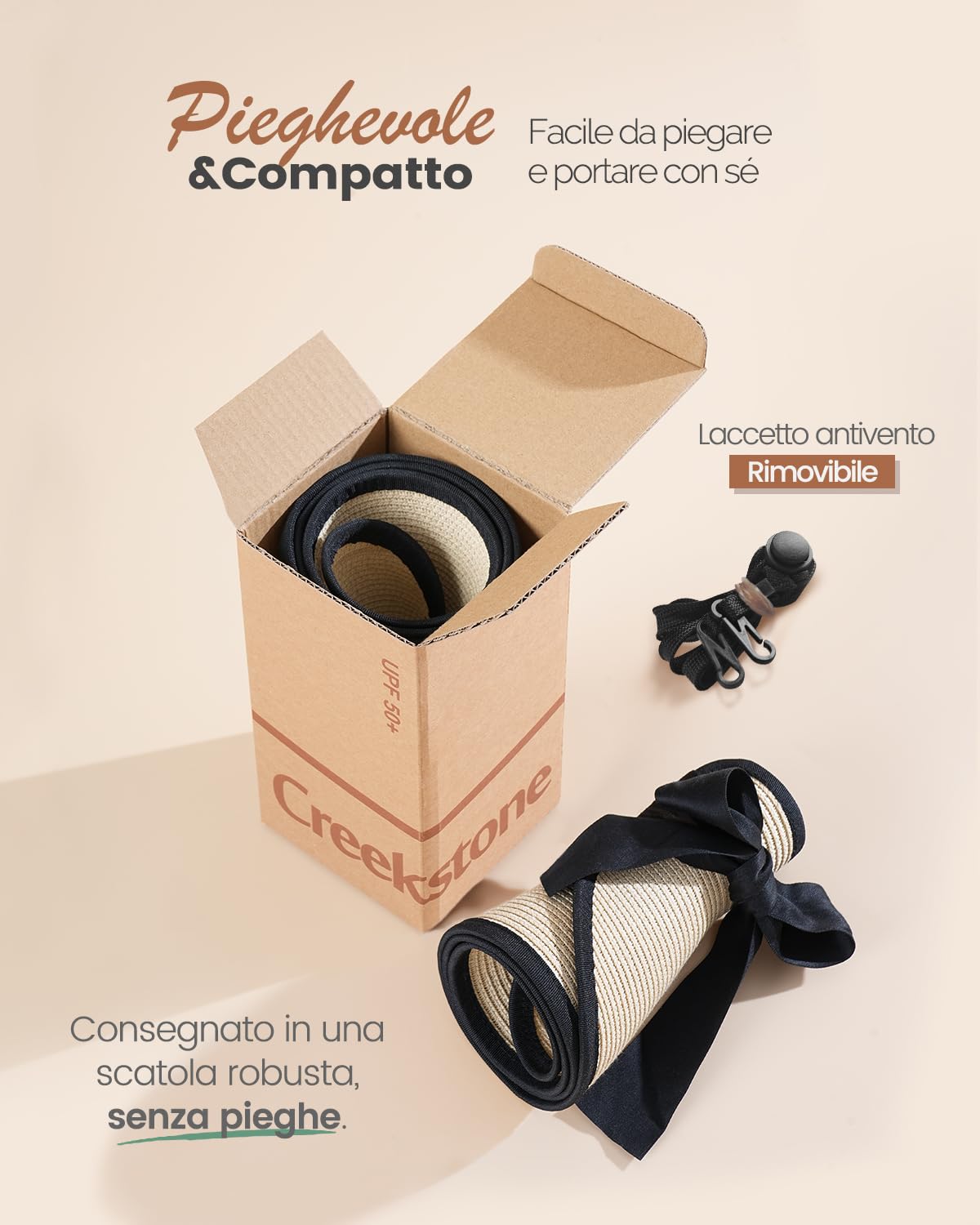 Creekstone Cappelli da donna con visiera in paglia a tesa larga, protezione UV, ripiegabile, cappello estivo da spiaggia, coda di cavallo, da viaggio, UPF 50+