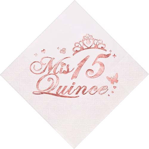 Mis Quince 15 decoraciones de quinceañera, decoraciones de cumpleaños 15 para niñas, servilletas de cóctel de fiesta, 5 x 5 pulgadas, plegadas,