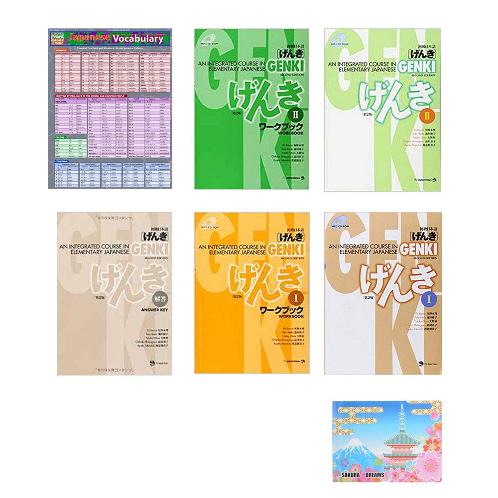 GENKI 1 2 An Integrated Course in Elementary Japanese 6 Books , Answer Key , Japanese Vocabulary ( Quick Study Academic ) Bundle Set With Original Sticky Notes