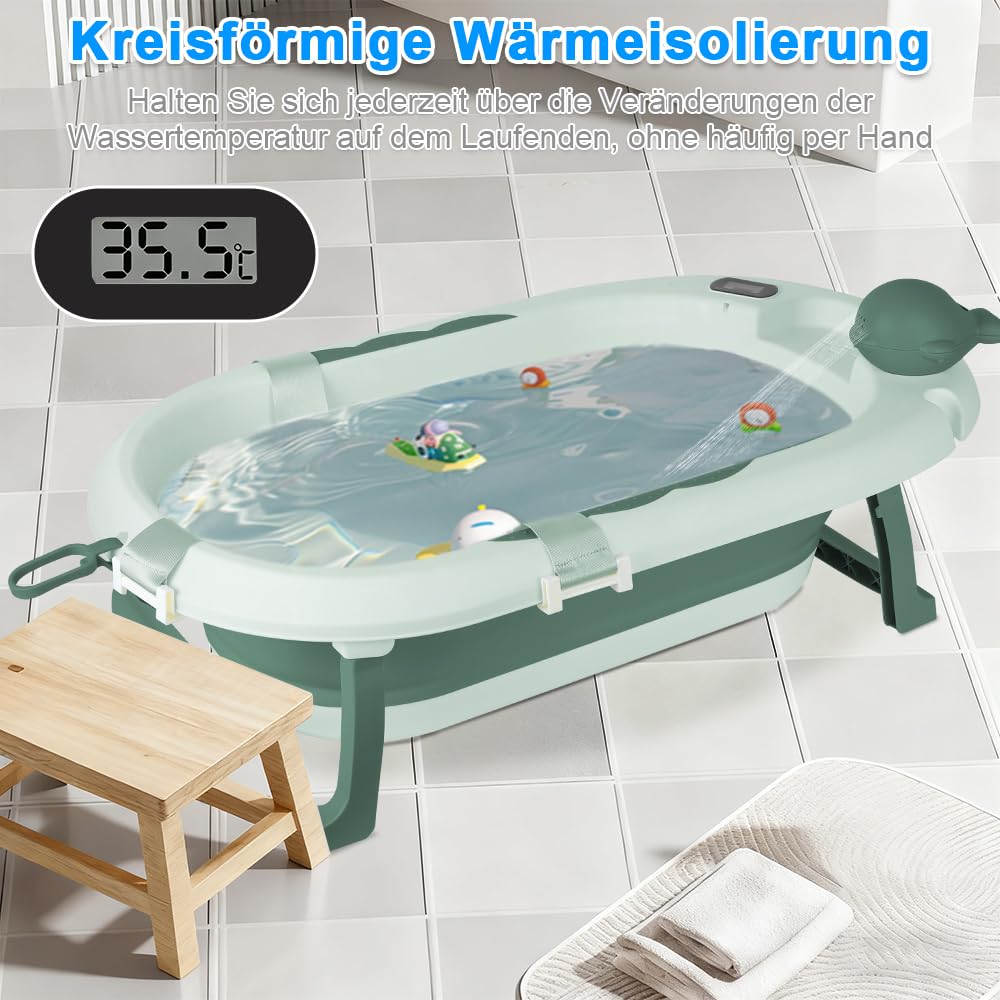 Thermosensitive Babybadewanne mit Halterung, Komplett-Set mit Badewannenkissen und Waschhaube, sicher, bequem für Neugeborene (grün)