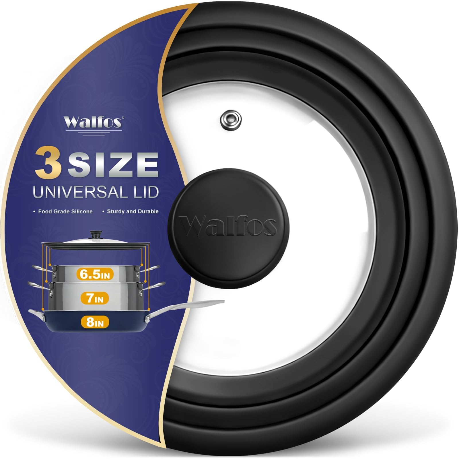 Universal Lid for Pots, Pans and Skillets &amp; Frying Pan - Small Pan lids Fits 6.5", 7" and 8" Diameter Cookware - Tempered Glass with Heat Resistant Silicone Rim