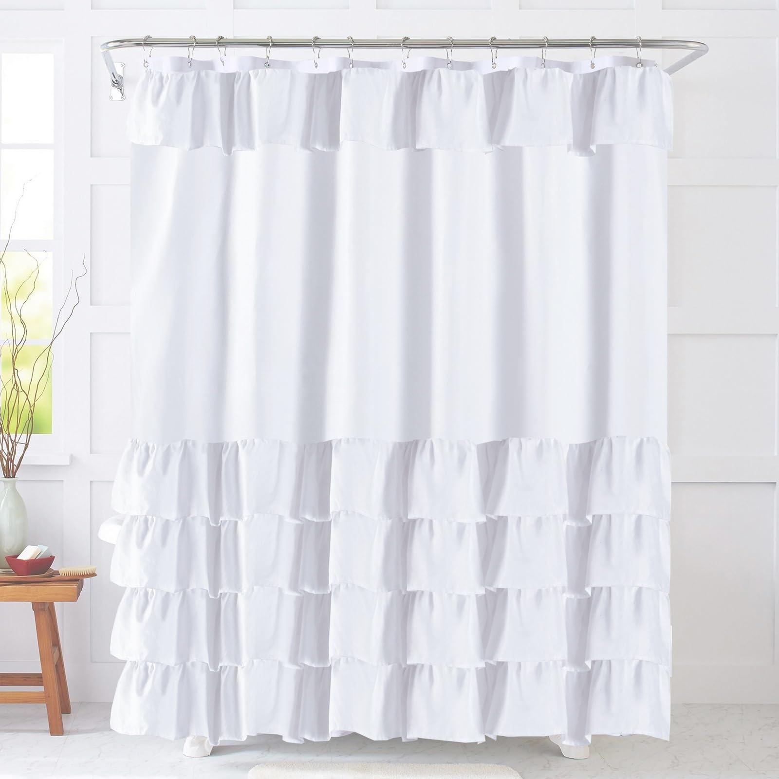 COSEVIER White Ruffle Farmhouse Shower Curtain, Cute Vintage Shabby Chic Fashion Textured Fabric Cloth Bathroom Curtain 72x72 Inch