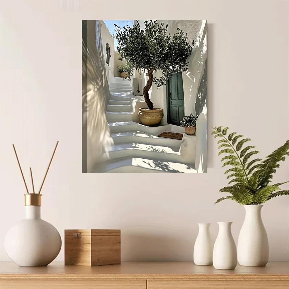 SDVIB Canvas poster Mediterranean Courtyard Olive Tree White Steps Doorway Art Print summer for Home Decor Canvas Prints(50x70cm/Frameless)