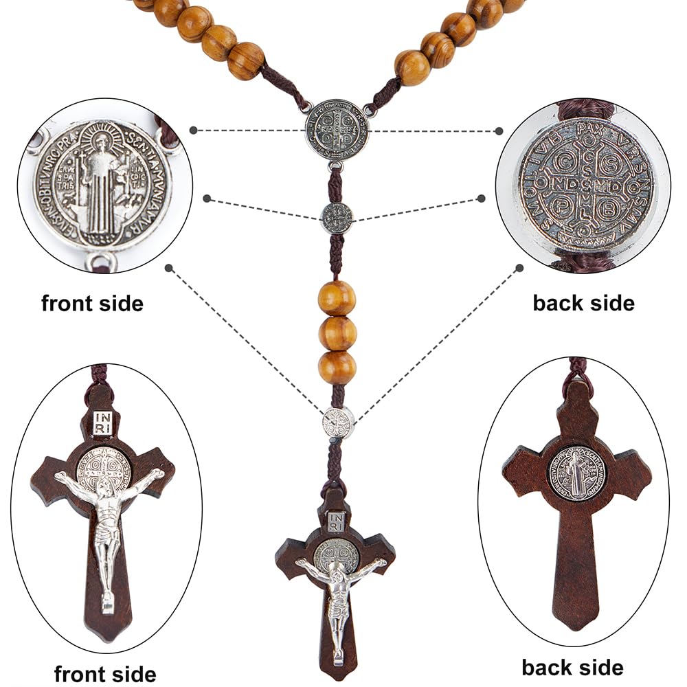 Crucifix Wall Cross, Handmade Catholic Crosses with Wooden Rosary, Wood Crucifix for Wall, Jesus Christian Wall Hanging Cross Gift for Famliy-6 Inch