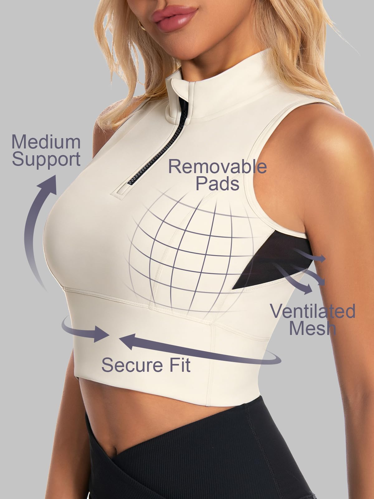AARYA Workout Tank Tops for Women with Built in Bra Half-Zip Mock Neck Racerback Crop Tops Gym Yoga Tops