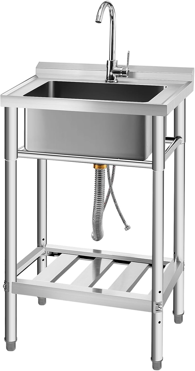 YORKING Stainless Steel Utility Sink, Free Standing Single Bowl Kitchen Sink with Cold and Hot Water Pipe for for Laundry Room Farmhouse Indoor and Outdoor(22 inch)