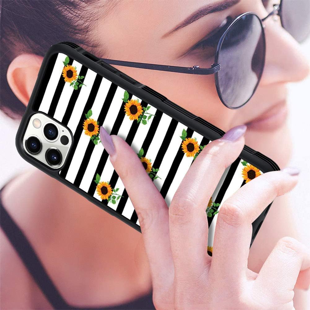 OOK Designed for iPhone 12 Pro Case Sunflowers Stripes TPU and Hard PC Anti-Skid Flowers Bumper Case for Women Girls Full Protective Cover Case 6.1 Inch
