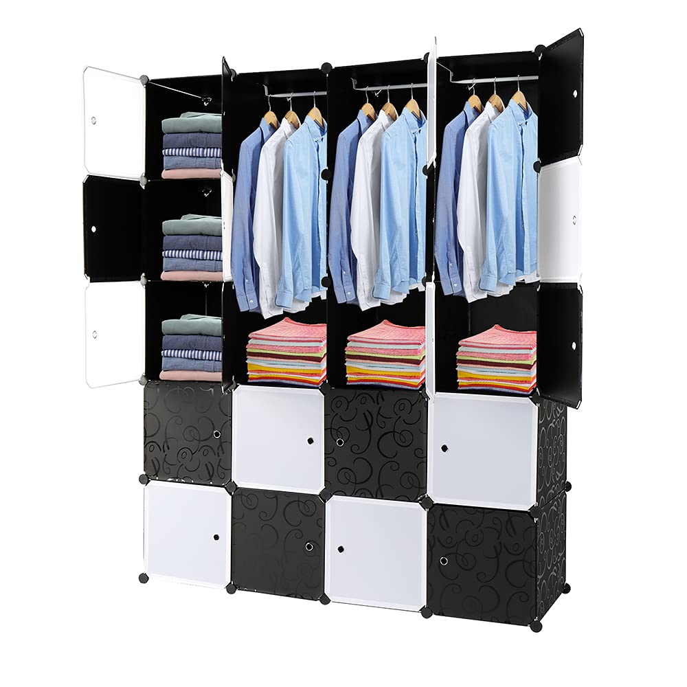 Armoire Penderie Modulable, 20 Cubes, Armoire Chambre, Étagère de Rangement avec Portes, pour Le Stockage de vêtements, Jouets, etc.. (Porte Noire et Blanche, 140 x 45 x 175 cm)