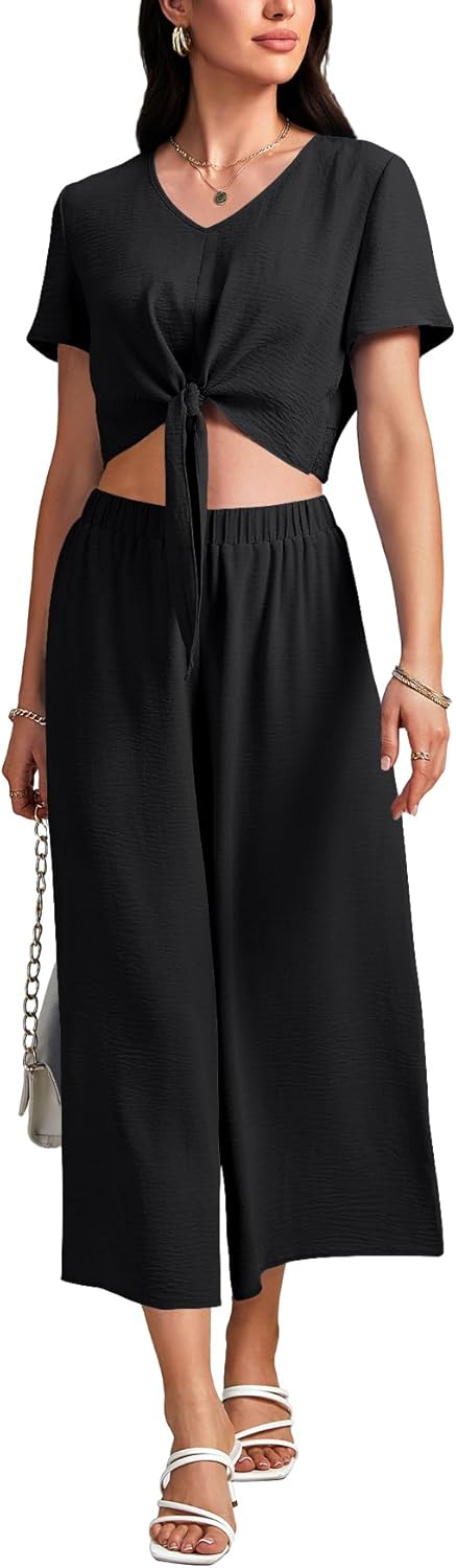 Rooscier Women's 2 Piece Outfits V Neck Tie Knot Front Crop Tops and Wide Leg Pant Sets Suit - Image 3