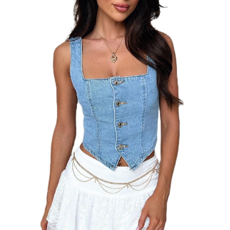 Argeousgor Womens Denim Vest Y2k Sexy Sleeveless Square Neck Cropped Tank Top Button Down Jean Crop Shirts