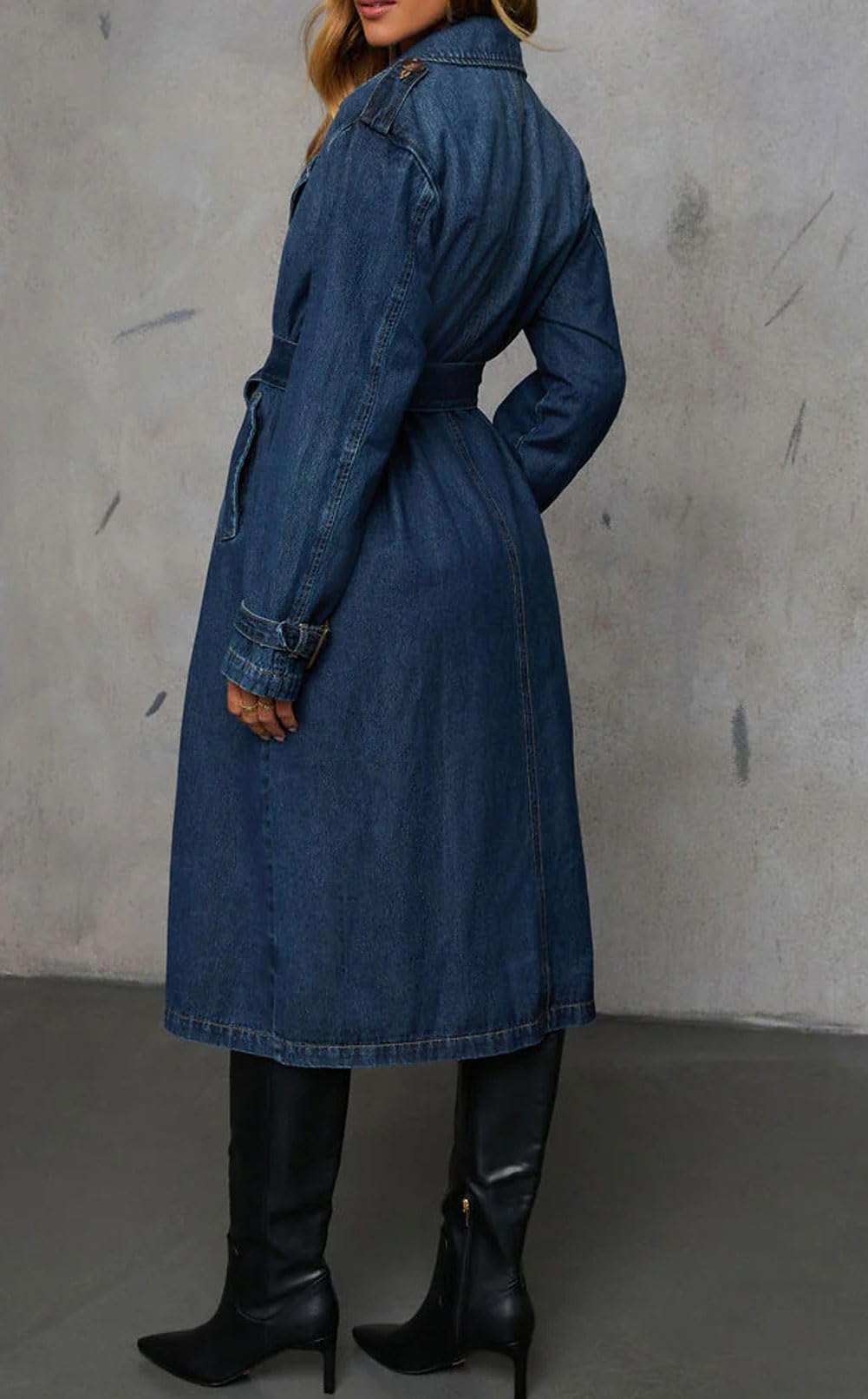 loveimgs Donne Vintage Doppio Petto Mid Lungo Denim Giacca Jean Trench Cappotto Duster Blazer Giacca a Vento Cintura