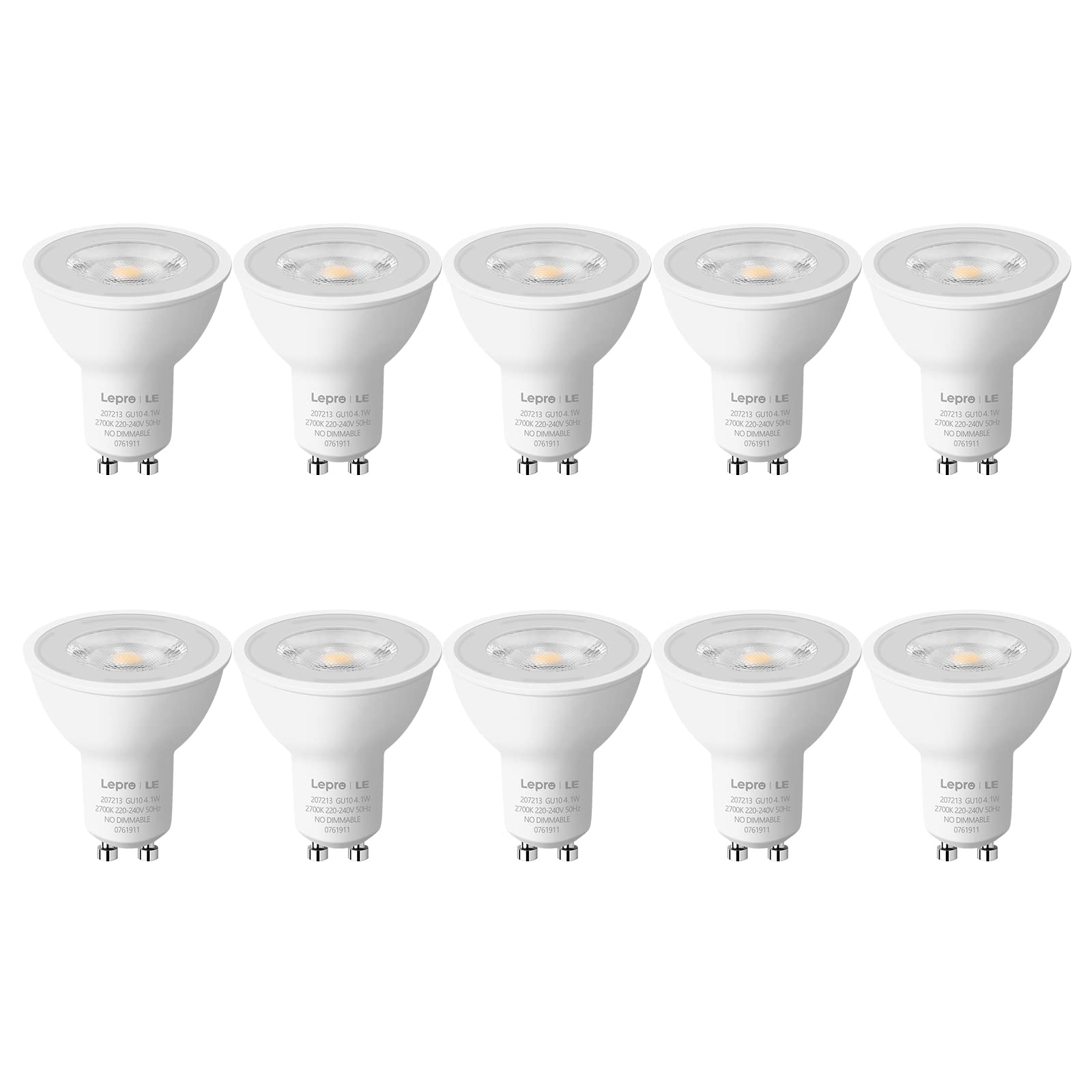 【GU10 Bulb】Lepro GU10 LED Bulbs, Warm White 2700K, 38° Narrow Beam Spot Light, 4W 345lm Energy Saving Light Bulbs, 50W GU10 Halogen Spotlight Bulbs Equivalent, No Flickering, Non-dimmable, Pack of 10