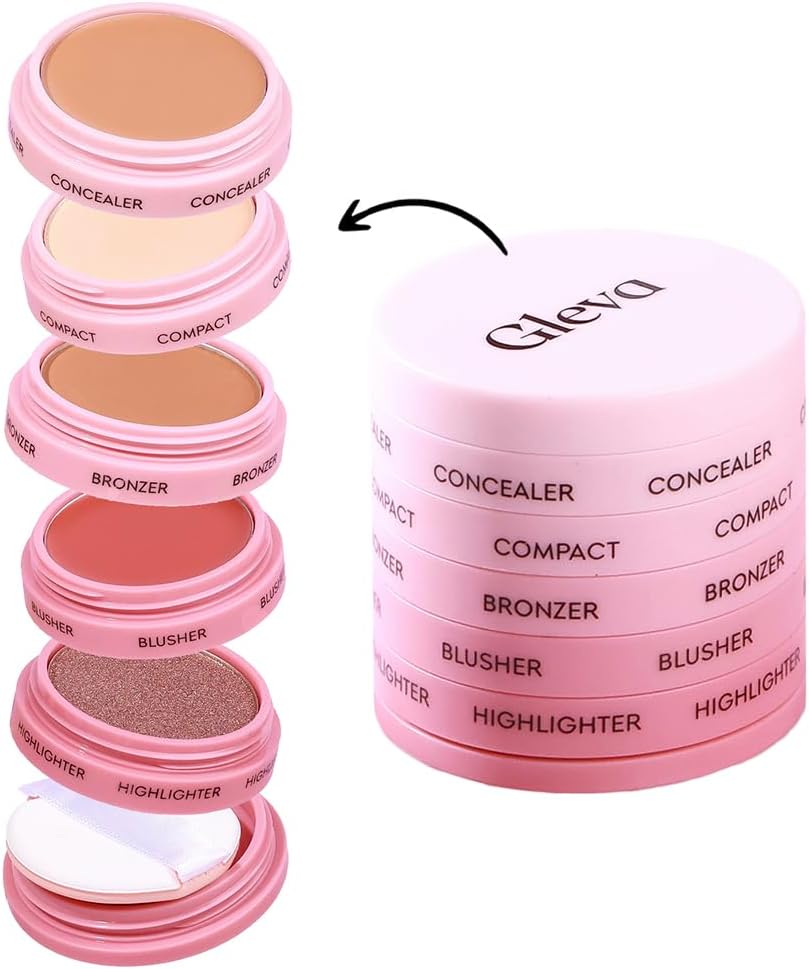 Gleva 5 In 1 Makeup stack WIth Concealer, Bronzer, Blusher, Compact & Highlighter Smooth & Blendable Formula - Travel Friendly, Quick & Easy to Use (Medium)