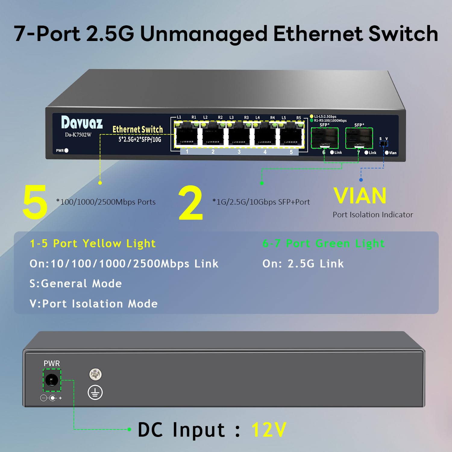 7-Port 2,5G Unmanaged Ethernet Switch, 5 x 2,5G RJ45 Ports, 2 x 10G SFP+ Optische Ports, Kompatibel mit 100/1000/2500Mbps Netzwerk Switches, Metallisch Lüfterlos, Plug and Play, Drahtlose AP