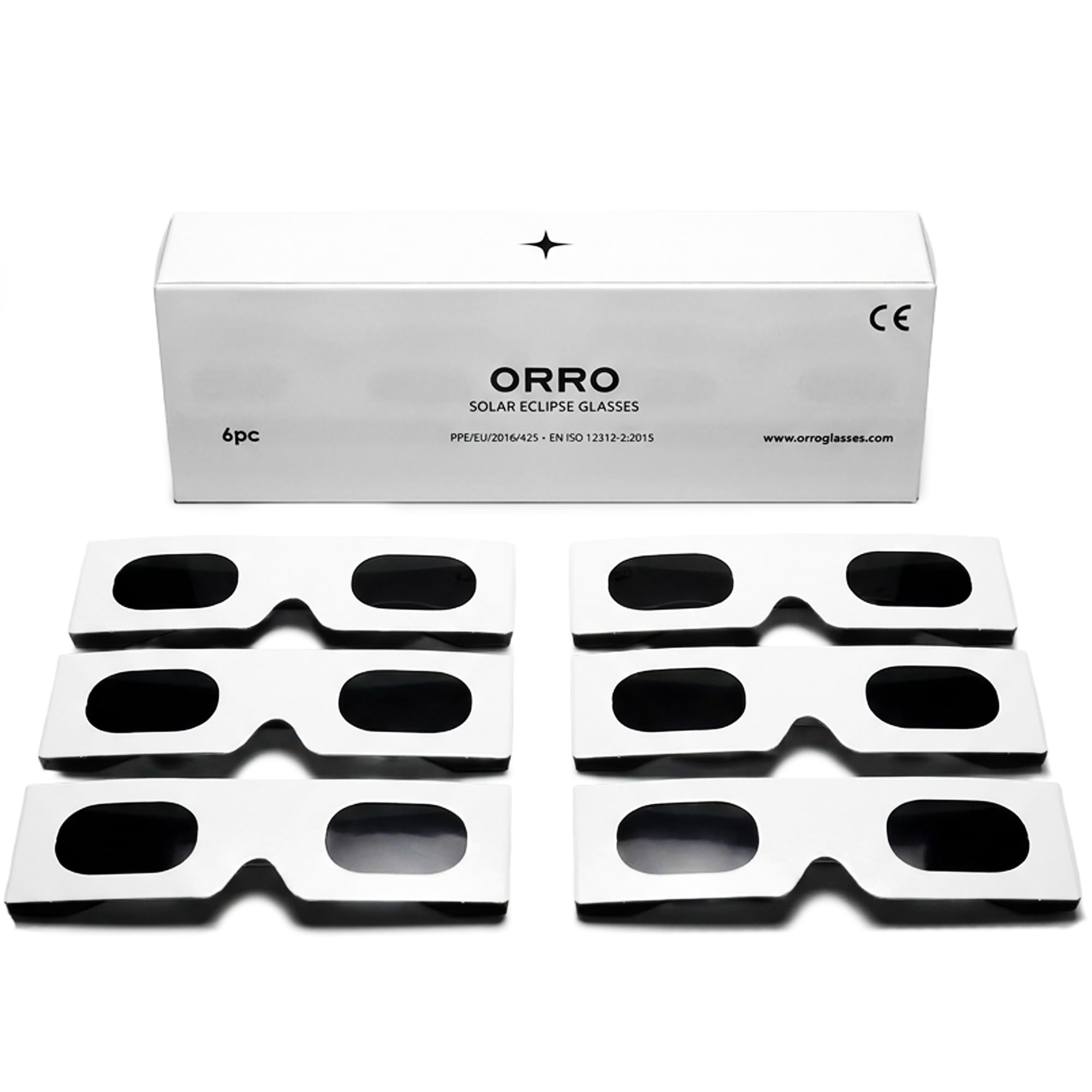 ORRO White Solar Eclipse Glasses 6 Pack for August 12, 2026, Certified Eye Protection, EN ISO 12312-2:2015 Tested, CE Marked for Safe Direct Sun Viewing