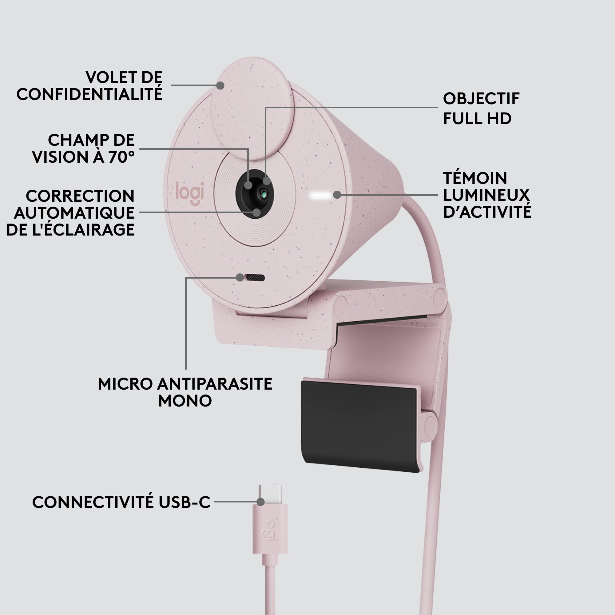 Logitech Brio 300 Webcam Full HD avec confidentialité, micro à réduction de bruit, USB-C, Certifié pour Zoom, Microsoft Teams, Google Meet, Correction automatique de l’éclairage - Rose