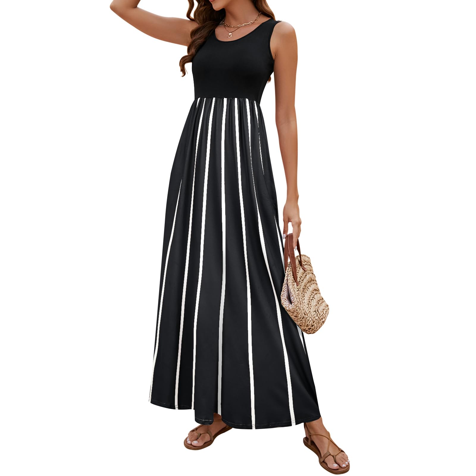 Sherosa Women Boho Chevron Striped Floral Printed Summer Sleeveless Tank Long Maxi Party Dress