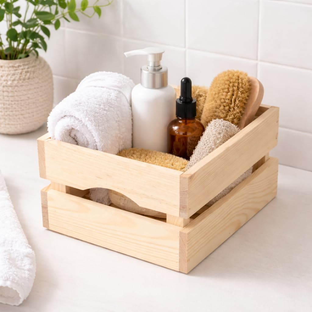 Jawor Skrzynka Drewniana Listwowa z Drewna Sosnowego FSC, Naturalna, 30 x 20 x 14 cm, z Uchwytami