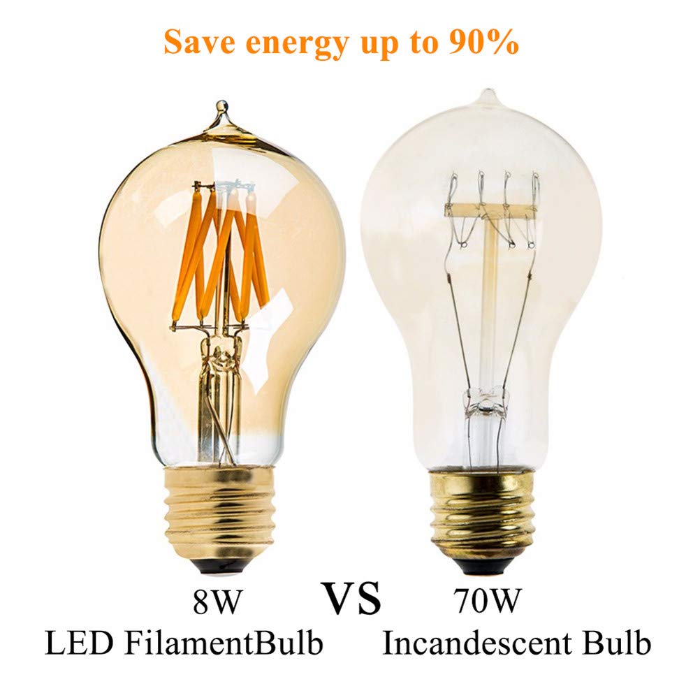 Bombilla LED E27/A60/8W Regulable, Estilo Edison Vintage, 220V, Amarilla, 2200K, para el hogar, Regulable, 4 Unidades.