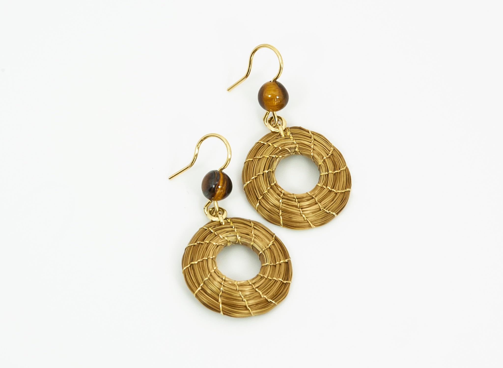 VERA NAVARRO - Orecchini Vegetali in Oro Mandala Aperto 20 mm con Pietra Occhio di Tigre - 100% Naturale Fatto a Mano - Design Esclusivo