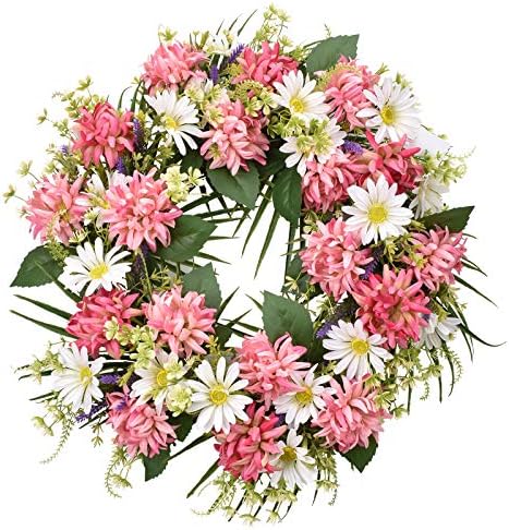 I-GURU Summer Door Wreath 22 Inch, Artificial Spring Green Leaves Wreaths Pink Dahlia & Chrysanthemum for Holiday Farmhouse Home Indoor Wedding Party Wall Windows Decor