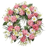 I-GURU Summer Door Wreath 22 Inch, Artificial Spring Green Leaves Wreaths Pink Dahlia & Chrysanthemu