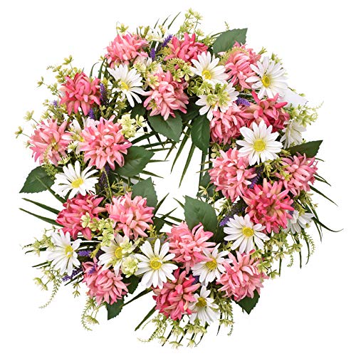 I-Guru Summer Door Wreath 22 Inch, Artificial Spring Green Leaves Wreaths Pink Dahlia & Chrysanthemum For Holiday Farmhouse Home Indoor Wedding Party Wall Windows Decor #TOP25
