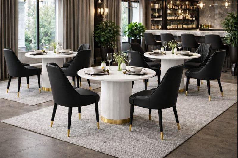 Image of 4 Seater Dining Table Set with 4 Chairs,2yr Warranty - Round Marble Dining Table (91x91x76 cm) - White Marble Top, Solid Wooden Base, Upholstered Chairs with Sheesham Wood Legs - Black