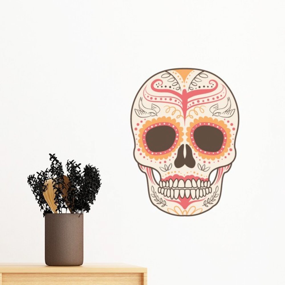 Sticker mural crâne et fleur Mexique rose oiseau autocollant amovible 40cm