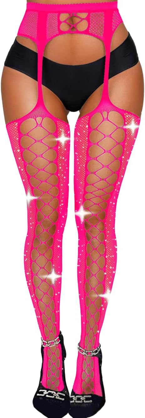 EHSUYAB Womens Sparkly Rhinestone Fishnets, Suspender Pantyhose With Garter Belt, Fishnet Stockings Sexy Costumes Rave Tights