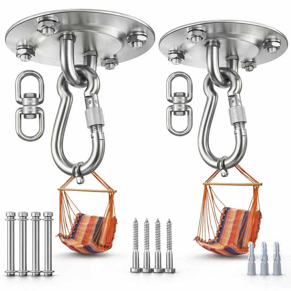 Morzejar 2PCS Edelstahl Deckenhaken 360° drehbar robuste Haken zum Aufhängen 304 Edelstahl drehbare Hängemattenhaken Schaukelhaken für Decke Holz Veranda Fitnessstudio Yoga Aufhängungshaken
