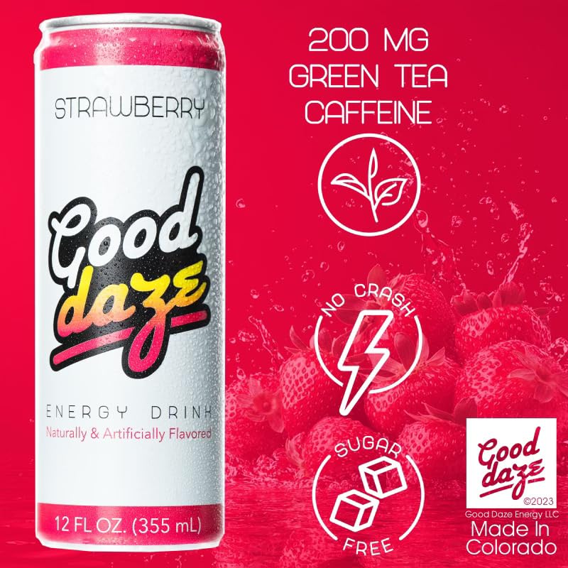 Good Daze Energy Drink with 200mg of Caffeine from Tea, Sugar Free, B Vitamins, L-Theanine, Pre Workout Performance with Antioxidants, Strawberry, 12FL OZ Cans (Pack of 12) - Image 2