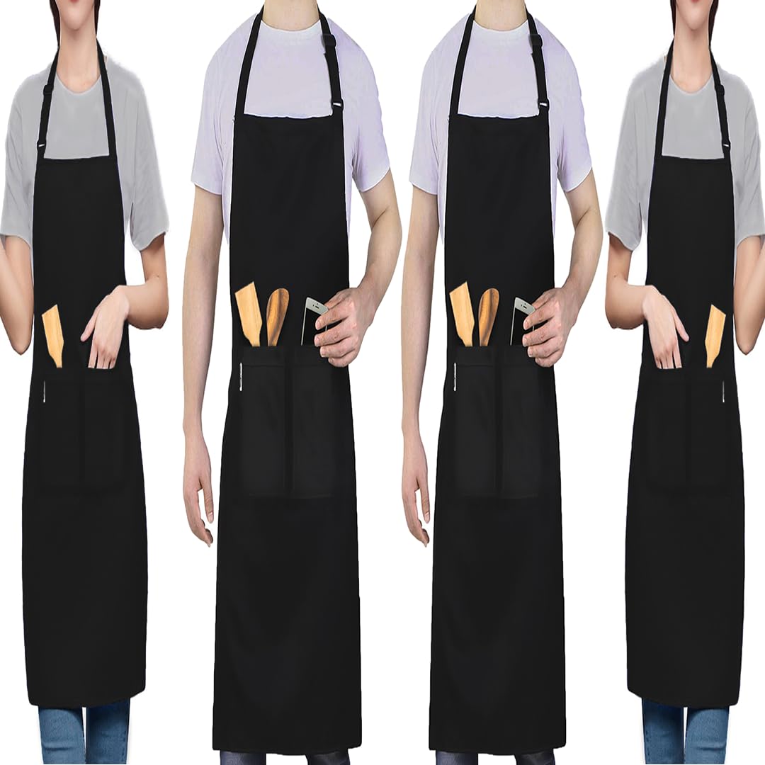 4 delantales de cocina impermeables con 3 bolsillos, delantal ajustable para barbacoa con cintas largas, delantal de cocina para hombres y mujeres, cocina, barbacoa, restaurante, cafetería, 4